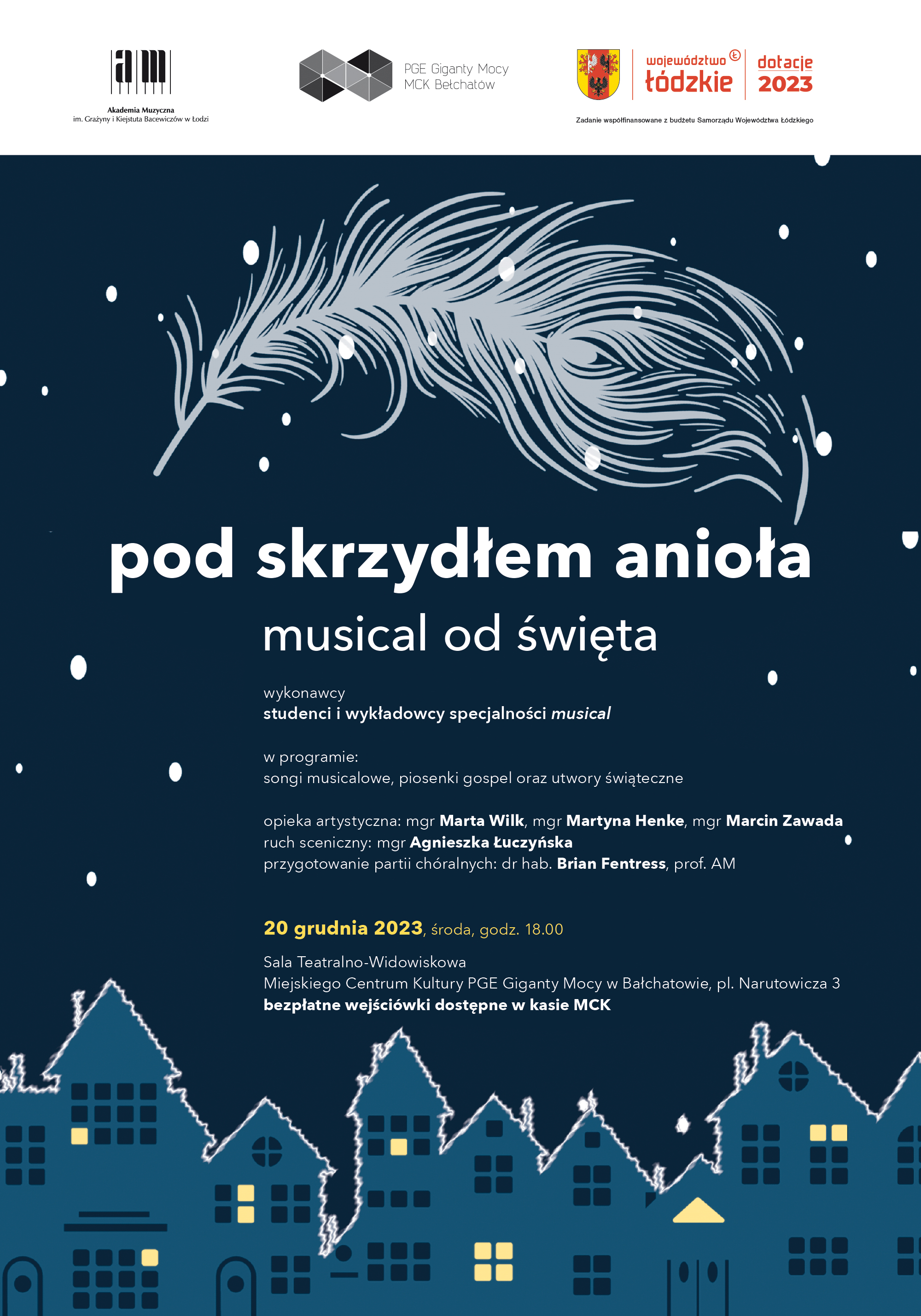 Plakat spektaklu przedstawiający anielskie pióro unoszące się na niebie nad domostwami w zimowym krajobrazie